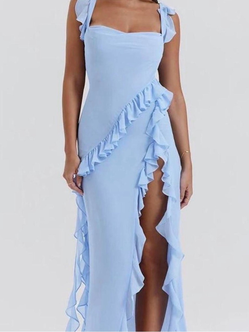 House of CB Pale Blue Ruffle Tie-Shoulder Maxi Dress